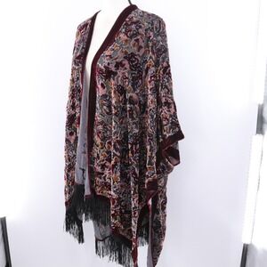 Lovestitch Velvet Burnout Floral Kimono Robe Duster Burgundy Black Fringe
